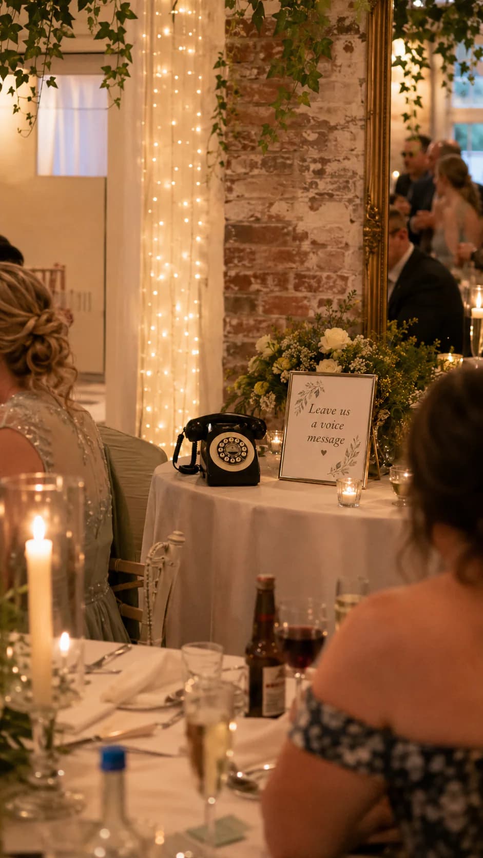 Audio guest book telephone ready for voice messages at a candlelit wedding reception